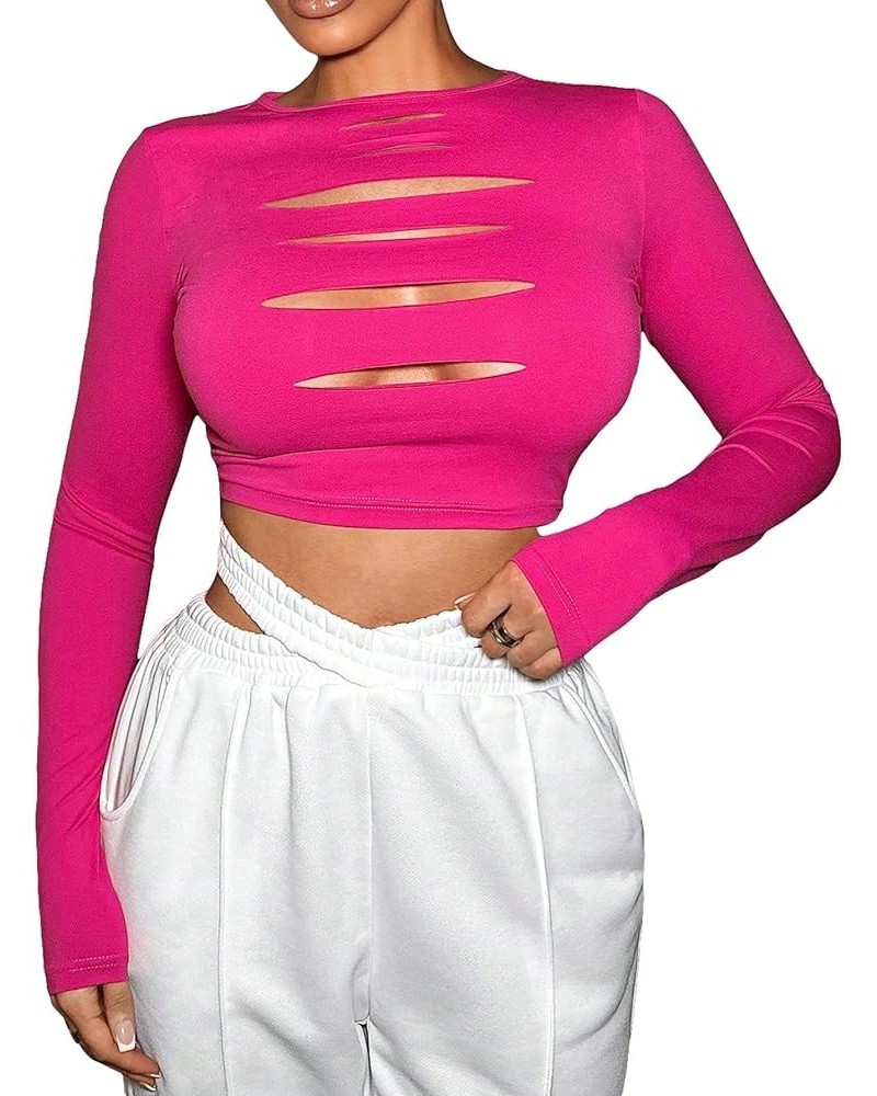 Women's Cut Out Long Sleeve Round Neck Solid Ripped Crop T-Shirt Top Hot Pink $12.18 T-Shirts