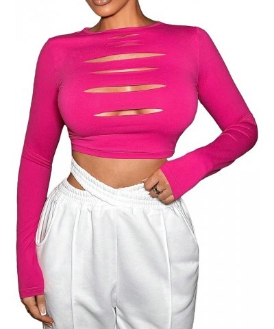 Women's Cut Out Long Sleeve Round Neck Solid Ripped Crop T-Shirt Top Hot Pink $12.18 T-Shirts