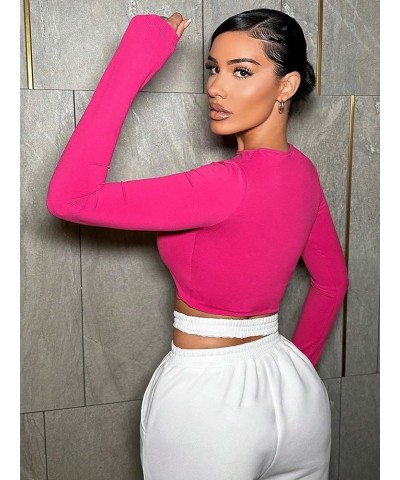 Women's Cut Out Long Sleeve Round Neck Solid Ripped Crop T-Shirt Top Hot Pink $12.18 T-Shirts