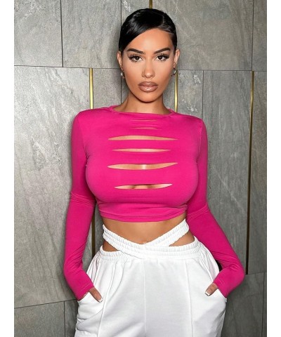 Women's Cut Out Long Sleeve Round Neck Solid Ripped Crop T-Shirt Top Hot Pink $12.18 T-Shirts