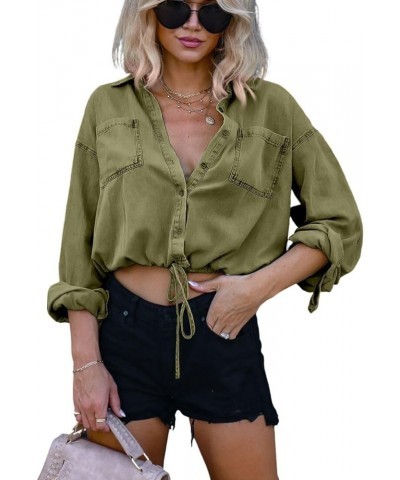 Kwoki Women's Cropped Denim Shirt Roll Up 3/4 Sleeve Casual Loose Crop Tops Drawstring Hem Button Front Jean Jacket Green $17...