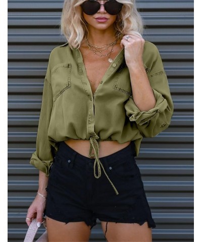 Kwoki Women's Cropped Denim Shirt Roll Up 3/4 Sleeve Casual Loose Crop Tops Drawstring Hem Button Front Jean Jacket Green $17...