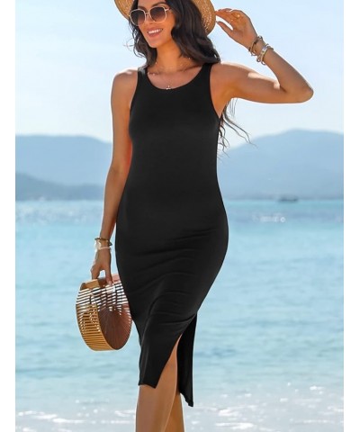 Women's 2024 Midi Dresses Casual Sleeveless Ribbed Tank Dress 01black $13.43 Dresses