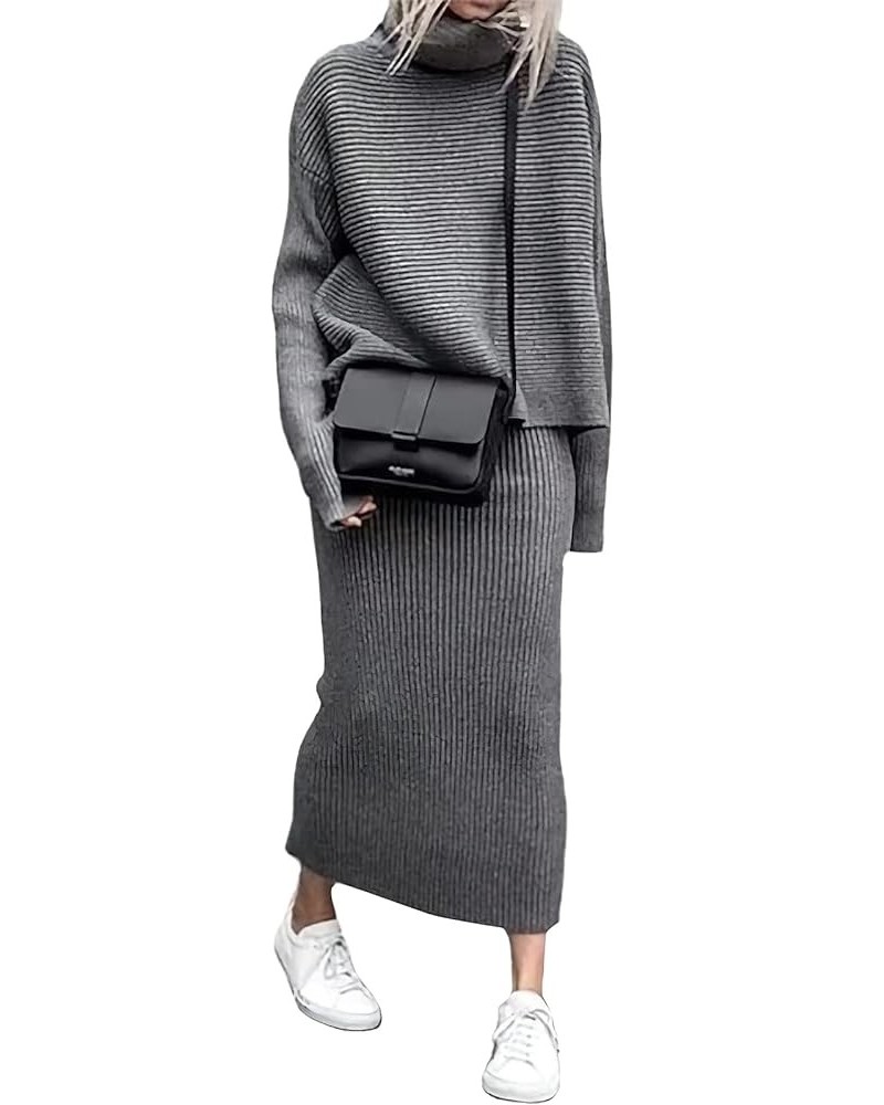 Womens Ribbed Knit Sweater Outfits Casual Loose 2 Piece Turtleneck Pullovers Elastic Waist Maxi Skirt Sets Gray $19.46 Sweaters