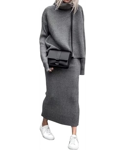 Womens Ribbed Knit Sweater Outfits Casual Loose 2 Piece Turtleneck Pullovers Elastic Waist Maxi Skirt Sets Gray $19.46 Sweaters