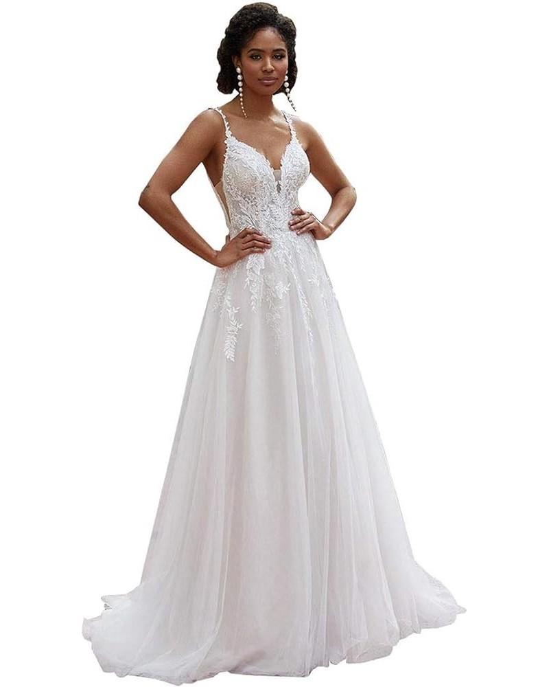 Lace Wedding Dresses for Bride 2024 Applique Empire Chapel Tulle A-Line V-Neck Bridal Gowns with Train Style 4-white $45.57 D...