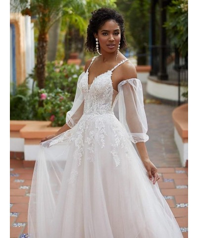 Lace Wedding Dresses for Bride 2024 Applique Empire Chapel Tulle A-Line V-Neck Bridal Gowns with Train Style 4-white $45.57 D...