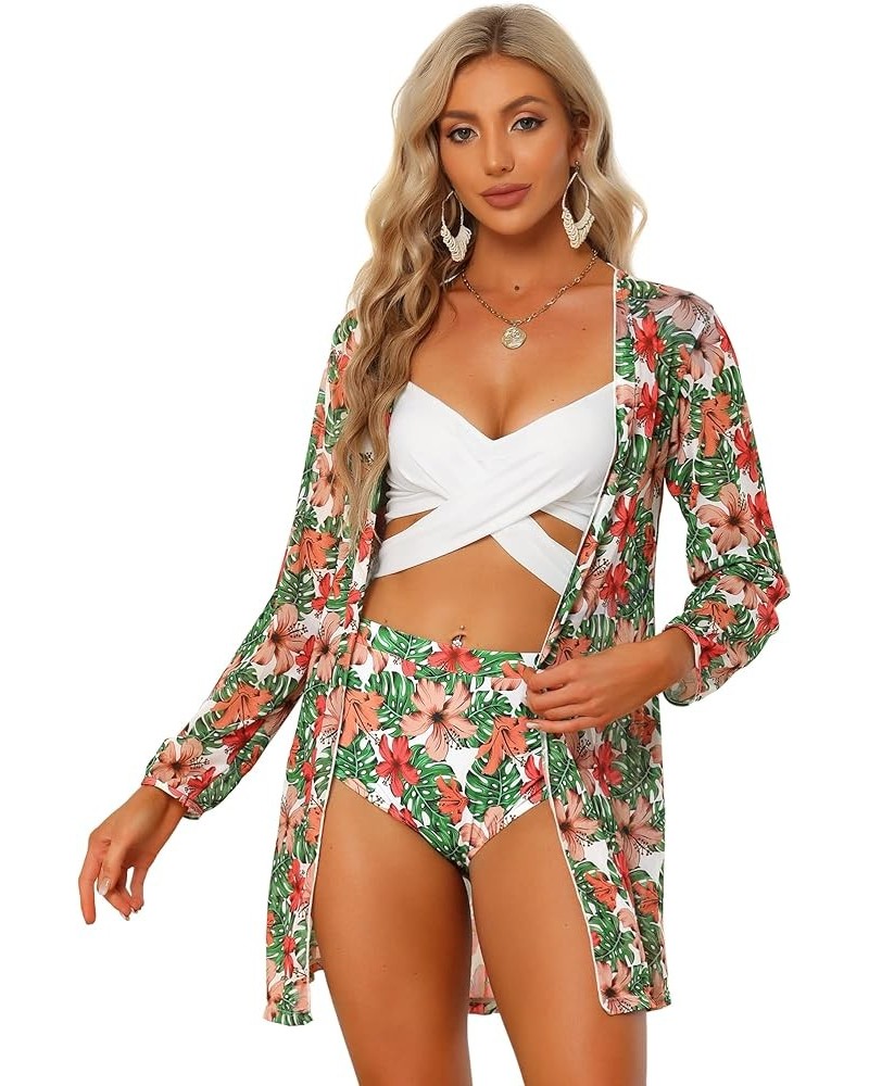 Women's 3 Piece Swimsuit Hawaiian Tropical Floral Bikini Set with Kimono Cover Up Green $19.07 Swimsuits