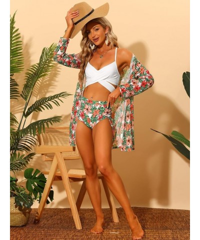 Women's 3 Piece Swimsuit Hawaiian Tropical Floral Bikini Set with Kimono Cover Up Green $19.07 Swimsuits