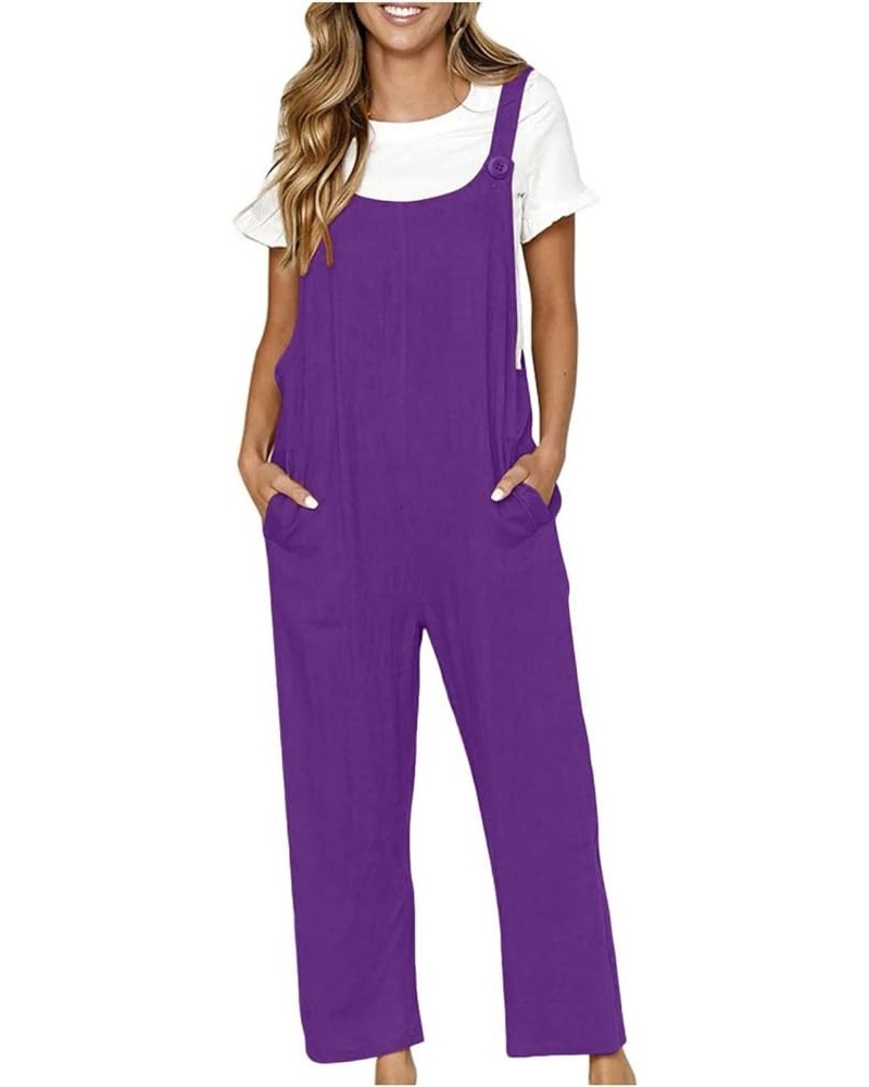Women Adjustable Straps Jumpsuits Casual Loose Cotton Line Bib Overalls Wide Leg Plus Size Baggy Romper with Pockets Purple $...