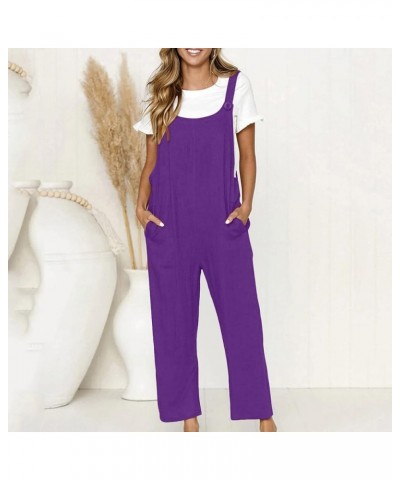 Women Adjustable Straps Jumpsuits Casual Loose Cotton Line Bib Overalls Wide Leg Plus Size Baggy Romper with Pockets Purple $...