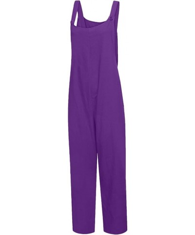 Women Adjustable Straps Jumpsuits Casual Loose Cotton Line Bib Overalls Wide Leg Plus Size Baggy Romper with Pockets Purple $...