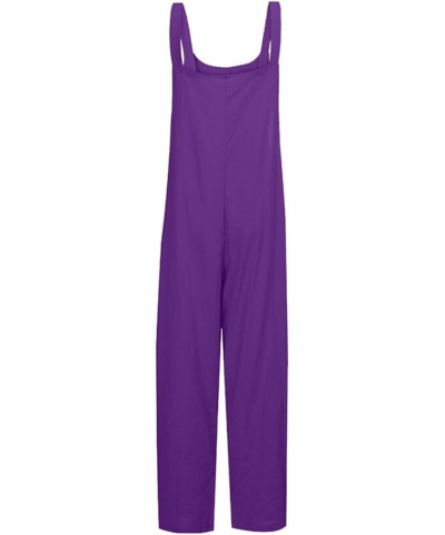 Women Adjustable Straps Jumpsuits Casual Loose Cotton Line Bib Overalls Wide Leg Plus Size Baggy Romper with Pockets Purple $...