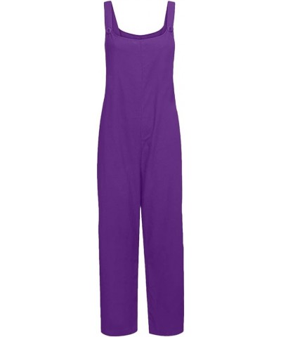 Women Adjustable Straps Jumpsuits Casual Loose Cotton Line Bib Overalls Wide Leg Plus Size Baggy Romper with Pockets Purple $...