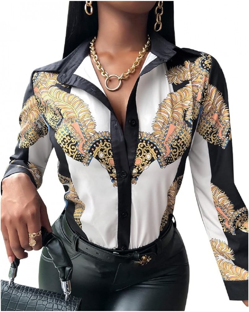 Blouses for Women Dressy Casual Colorful Long Sleeve Shirt Floral Print Tops Loose Collar Sexy T-Shirts Fashion 2023 White106...