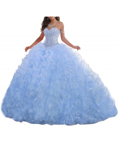 Women's Organza Ruffles Quinceanera Beaded Sweetheart Prom Ball Gown Sky Blue $69.30 Dresses