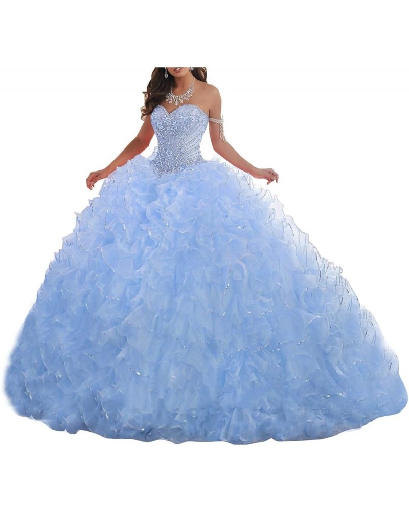 Women's Organza Ruffles Quinceanera Beaded Sweetheart Prom Ball Gown Sky Blue $69.30 Dresses