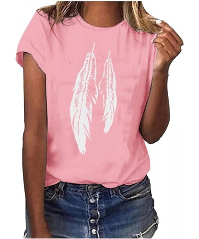 Short Sleeve Shirt for Women Relaxed Fit Crew Neck Tops Feather Graphic Summer Comfy Tunic Lightweight Sweatshirt Tee Pink,03...