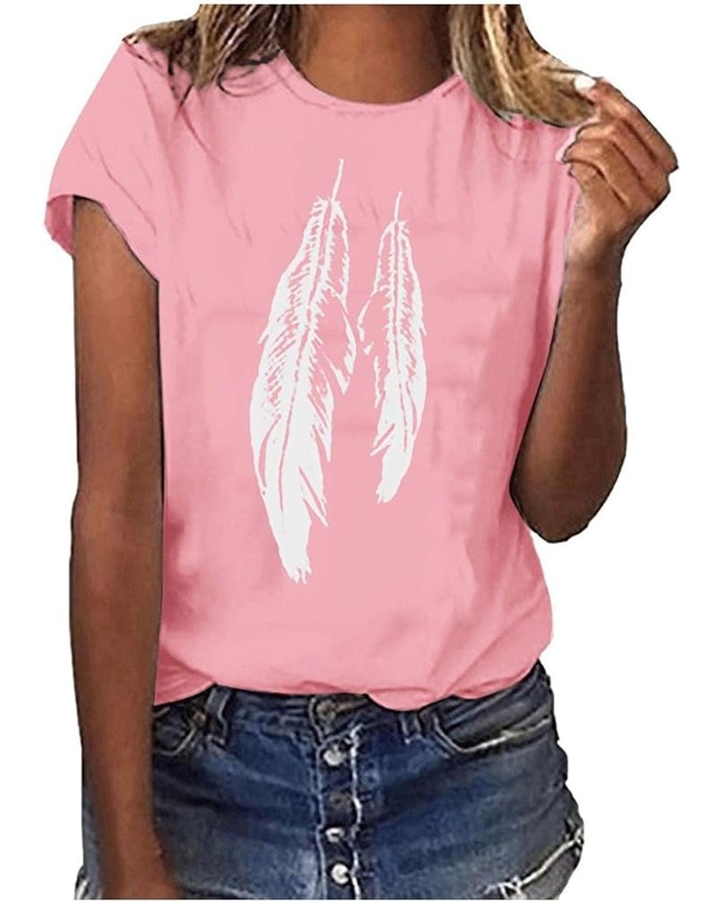 Short Sleeve Shirt for Women Relaxed Fit Crew Neck Tops Feather Graphic Summer Comfy Tunic Lightweight Sweatshirt Tee Pink,03...