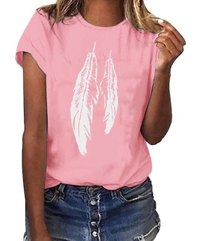 Short Sleeve Shirt for Women Relaxed Fit Crew Neck Tops Feather Graphic Summer Comfy Tunic Lightweight Sweatshirt Tee Pink,03...