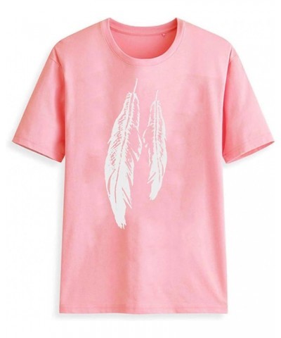 Short Sleeve Shirt for Women Relaxed Fit Crew Neck Tops Feather Graphic Summer Comfy Tunic Lightweight Sweatshirt Tee Pink,03...