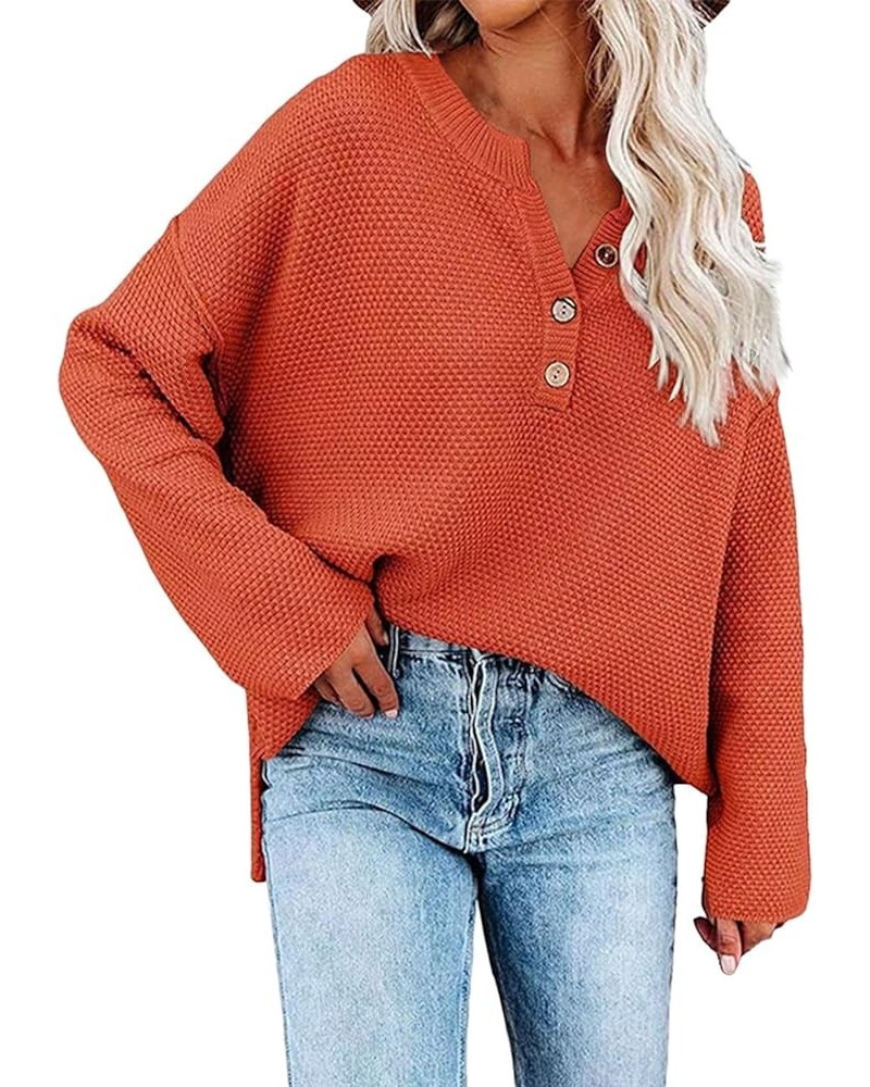 Women's Casual Knitted Button Neck Side Split Hem Pullover Sweater Fashion Loose Fit Long Sleeve Sweatshirt Tops Orange $17.6...