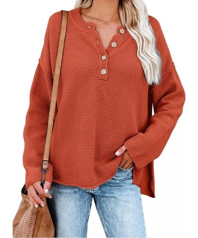 Women's Casual Knitted Button Neck Side Split Hem Pullover Sweater Fashion Loose Fit Long Sleeve Sweatshirt Tops Orange $17.6...