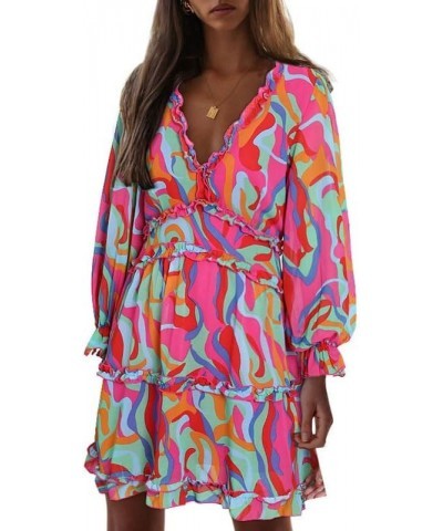 Womens 2024 Spring Summer Deep V Neck Ruffle Floral Flowy Mini Dress S Print Rose Multicolored $20.24 Dresses