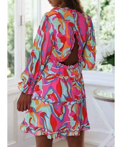 Womens 2024 Spring Summer Deep V Neck Ruffle Floral Flowy Mini Dress S Print Rose Multicolored $20.24 Dresses