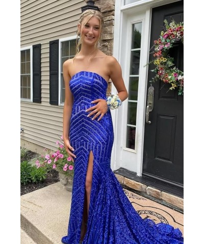 Women's Sparkly Sequin Prom Dress with Slit Floor Length Mermaid Strapless Wedding Party Ball Gowns with Pleated B-hot Pink $...