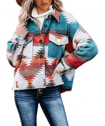 Women's Aztec Shacket Long Sleeve Button Down Collared Shirt Jacket Tops with Pockets A Red $20.24 Jackets