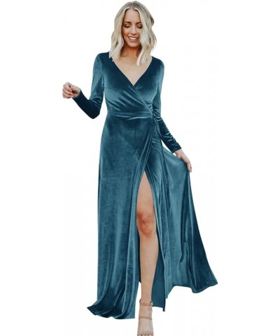 Women's V Neck Velvet Bridesmaid Dresses with Slit Long Sleeves Formal Evening Gowns Dark Blue $37.69 Dresses