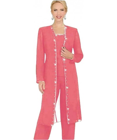 Designer 3 Piece Chiffon Pant Suits Mother of The Bride Pant Suits Long Jacket Evening Party Coral $49.89 Suits