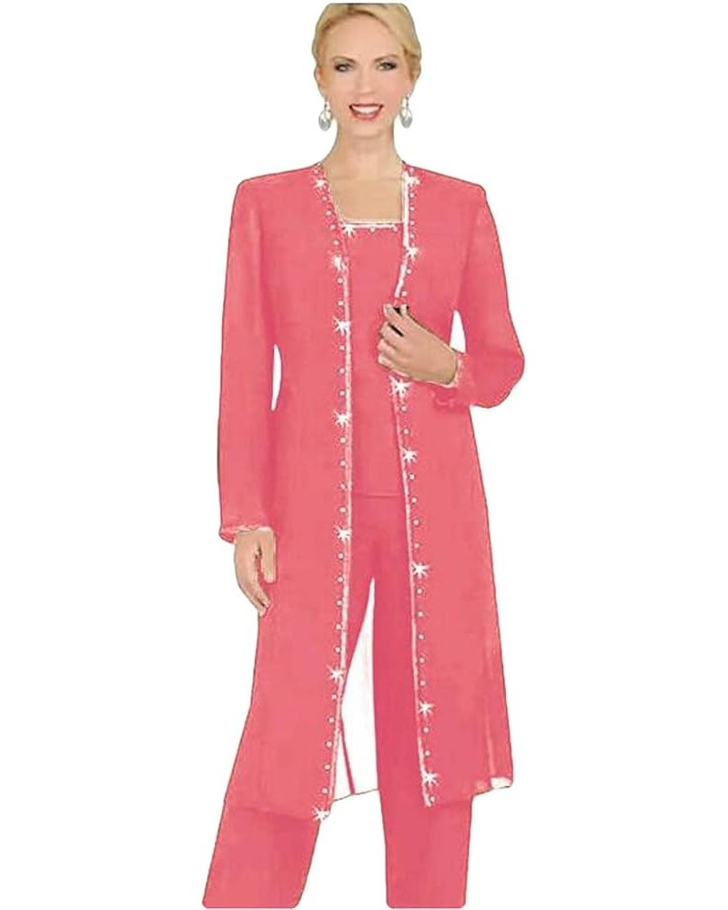 Designer 3 Piece Chiffon Pant Suits Mother of The Bride Pant Suits Long Jacket Evening Party Coral $49.89 Suits