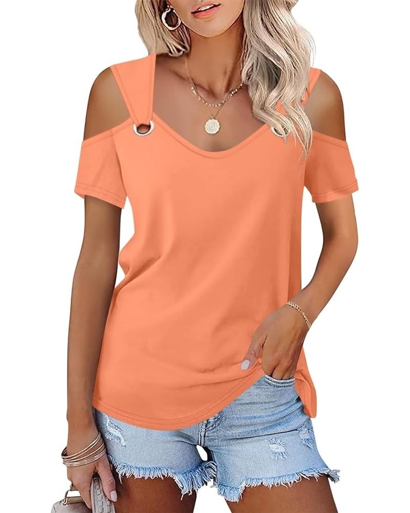 Women's Cold Shoulder Tops Short Sleeve V Neck T Shirts Basic Summer Tees B Orange $13.49 T-Shirts