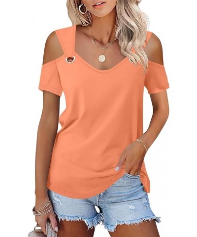 Women's Cold Shoulder Tops Short Sleeve V Neck T Shirts Basic Summer Tees B Orange $13.49 T-Shirts