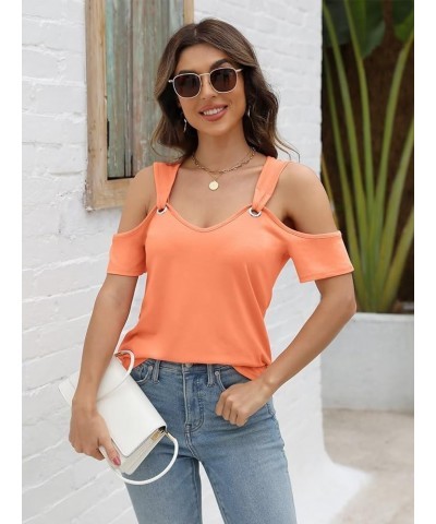 Women's Cold Shoulder Tops Short Sleeve V Neck T Shirts Basic Summer Tees B Orange $13.49 T-Shirts