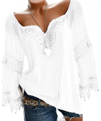 Women's V Neck Lace Tops Plus Size Long Sleeve T Shirts Vintage Blouse 2021 Fall Loose Lightweight Shirts Tunic White $8.69 Tops