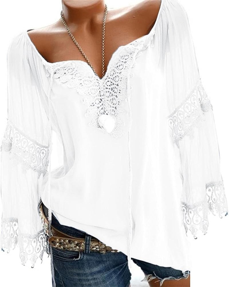 Women's V Neck Lace Tops Plus Size Long Sleeve T Shirts Vintage Blouse 2021 Fall Loose Lightweight Shirts Tunic White $8.69 Tops