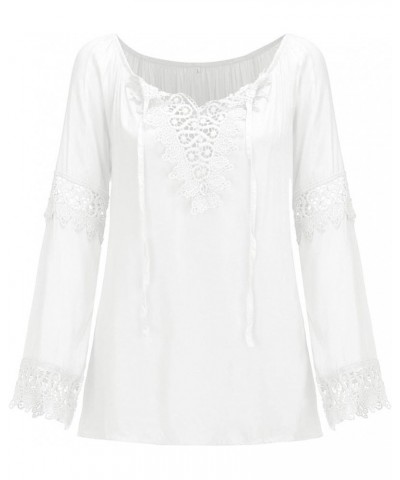 Women's V Neck Lace Tops Plus Size Long Sleeve T Shirts Vintage Blouse 2021 Fall Loose Lightweight Shirts Tunic White $8.69 Tops