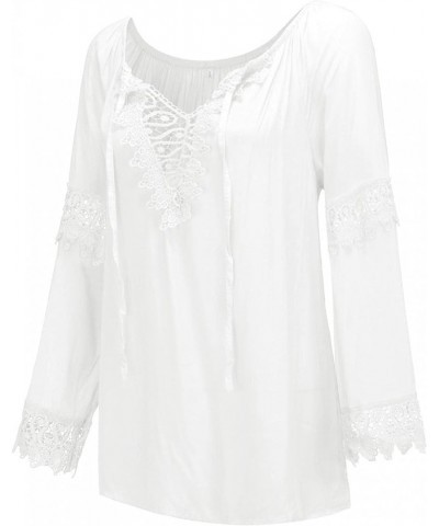 Women's V Neck Lace Tops Plus Size Long Sleeve T Shirts Vintage Blouse 2021 Fall Loose Lightweight Shirts Tunic White $8.69 Tops