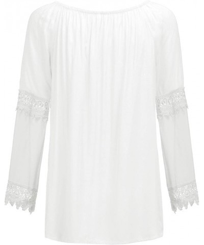 Women's V Neck Lace Tops Plus Size Long Sleeve T Shirts Vintage Blouse 2021 Fall Loose Lightweight Shirts Tunic White $8.69 Tops