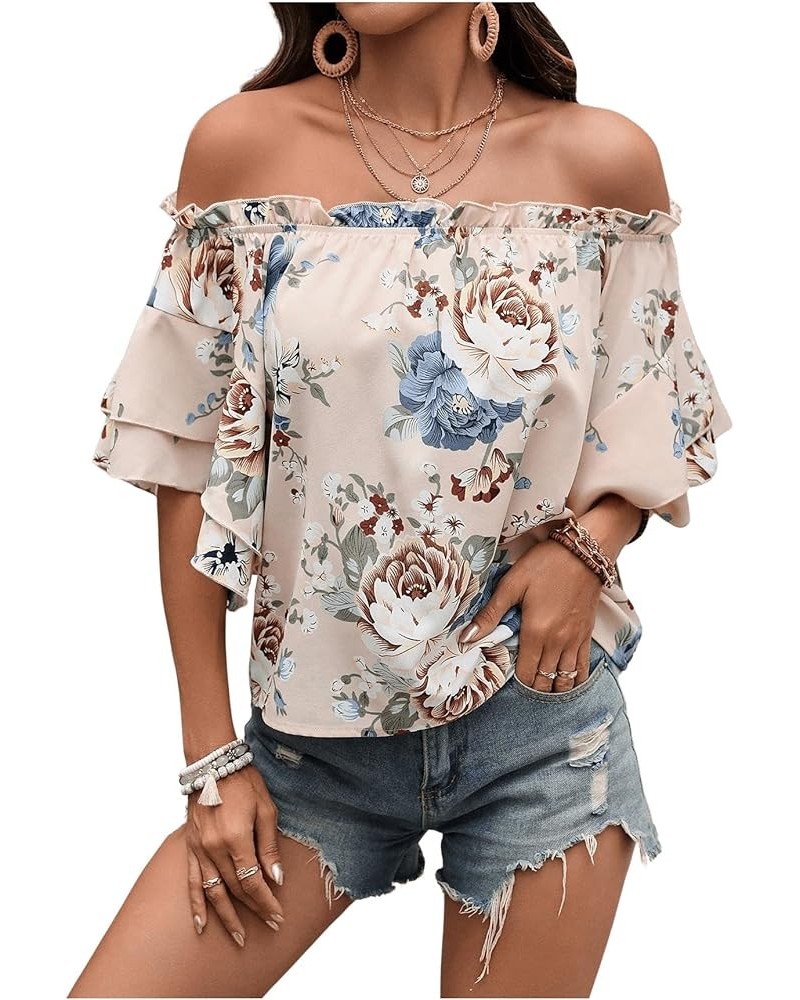 Women's Boho Off Shoulder 3/4 Bell Sleeve Summer Blouse Top Apricot $13.02 Blouses