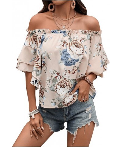 Women's Boho Off Shoulder 3/4 Bell Sleeve Summer Blouse Top Apricot $13.02 Blouses