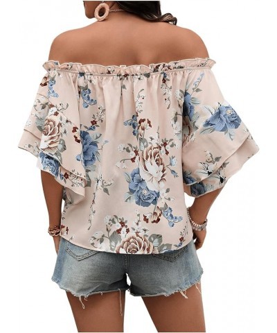 Women's Boho Off Shoulder 3/4 Bell Sleeve Summer Blouse Top Apricot $13.02 Blouses