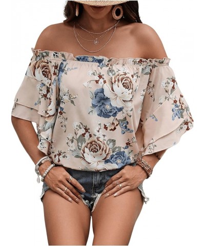 Women's Boho Off Shoulder 3/4 Bell Sleeve Summer Blouse Top Apricot $13.02 Blouses