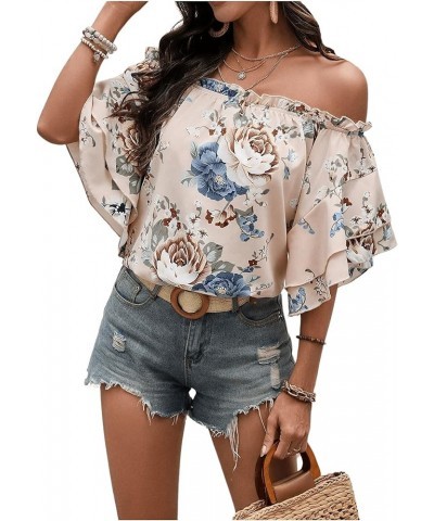 Women's Boho Off Shoulder 3/4 Bell Sleeve Summer Blouse Top Apricot $13.02 Blouses