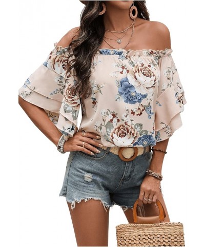 Women's Boho Off Shoulder 3/4 Bell Sleeve Summer Blouse Top Apricot $13.02 Blouses