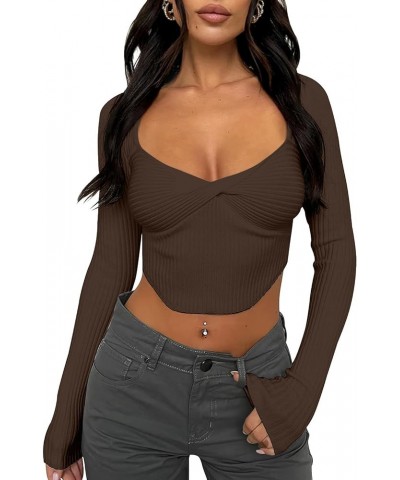 Women's Sexy Long Sleeve Crop Top Y2K Square Neck Ribbed Going Out Tops Twist Front Ruched Slim Fit T Shirts Coffee $12.00 Sw...