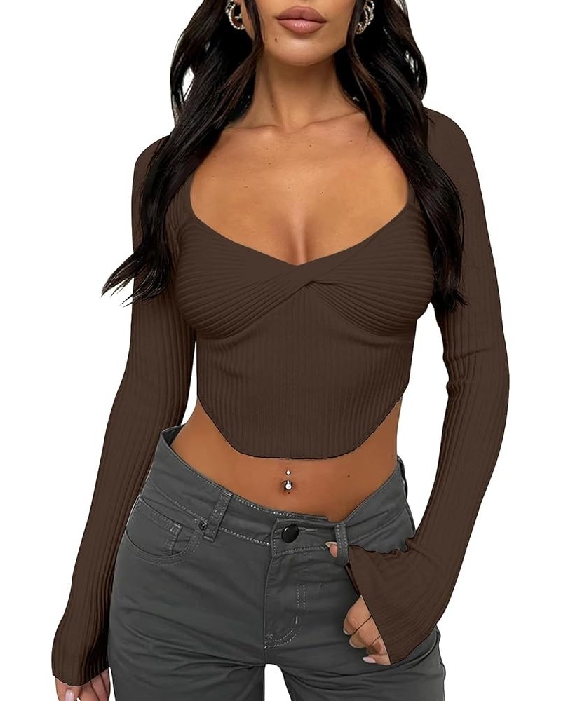Women's Sexy Long Sleeve Crop Top Y2K Square Neck Ribbed Going Out Tops Twist Front Ruched Slim Fit T Shirts Coffee $12.00 Sw...